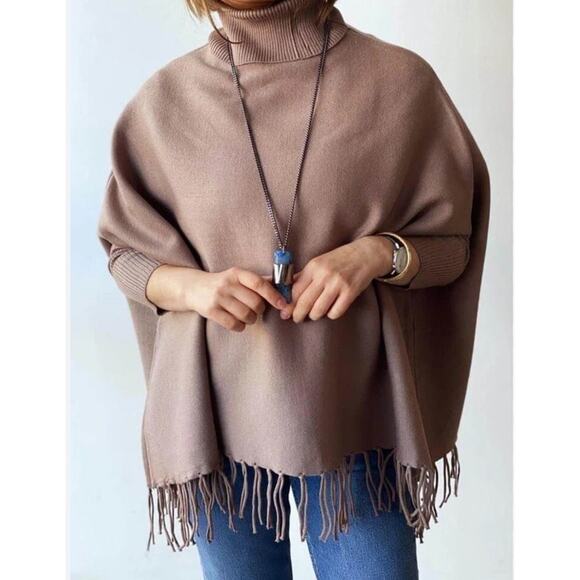 Magaschoni Sweater women's XL Brown Wool Blend Turtleneck Pullover Poncho Fringe - Picture 8 of 10